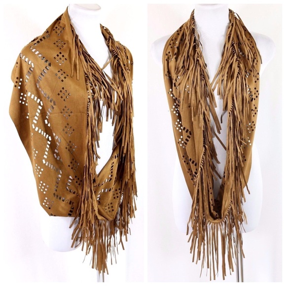 ๐Vegan Suede Laser Cut Fringe Infinity Scarf B81 - Picture 3 of 4
