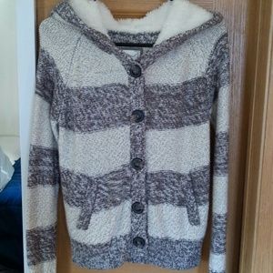 Button Cardigan with Fuzzy Hood