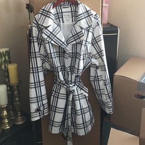 Gray blue and white plaid rain coat with belt