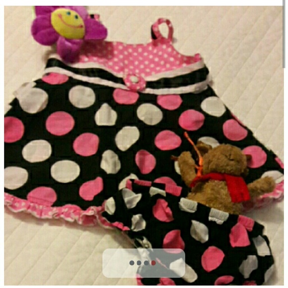 little black dress with pink and white dots