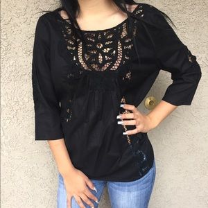 Black cotton and lace appliqué detail blouse