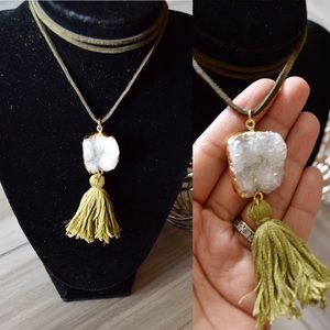 Olive Green Suede Double Wrap Chocker With Druzy