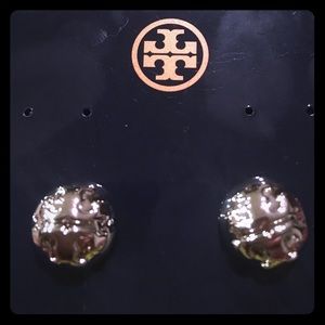 Tory Burch Domed Logo Silver Stud Earrings