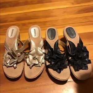 Wedge flower Sandals.  Gold and black.