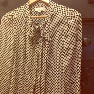 Loft floral black and white tie neck blouse