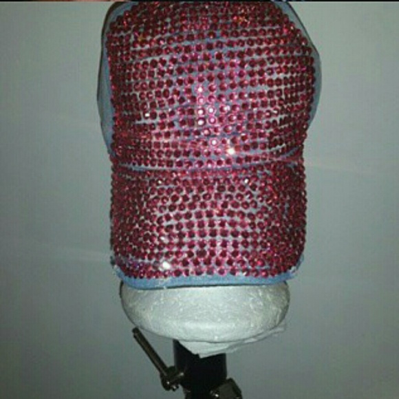 Nwot Pink bling stoned distressed denim hat - Picture 1 of 1
