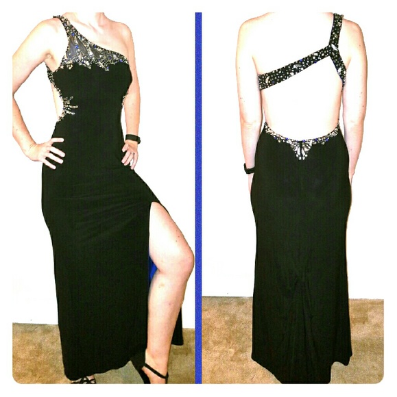 Betsy & Adam black beaded one shoulder prom dress
