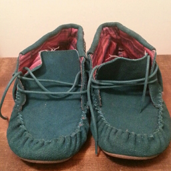 Dark Teal Suede Moccasins - Picture 1 of 3