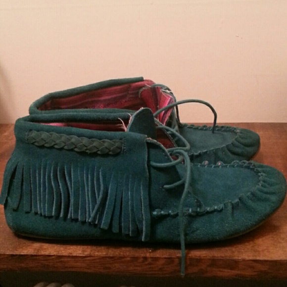 Dark Teal Suede Moccasins - Picture 2 of 3