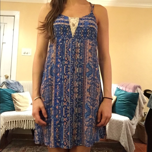 Pink and blue dress with lace accents