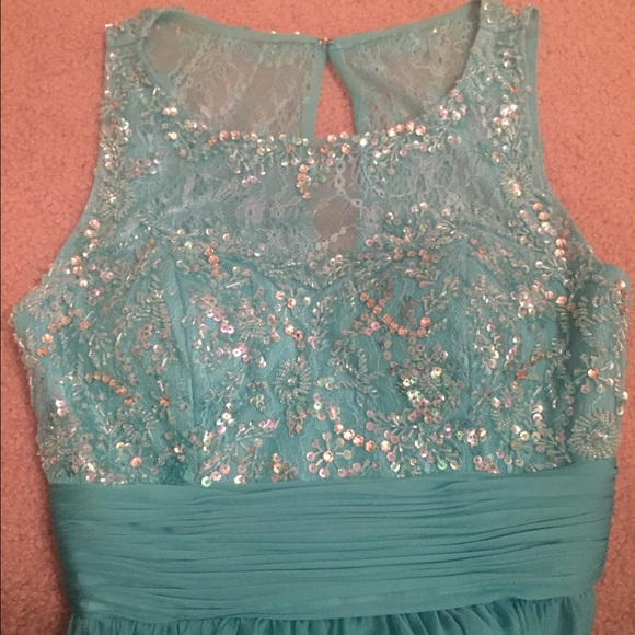 Sherri Hill teal prom beaded dress - Picture 3 of 4