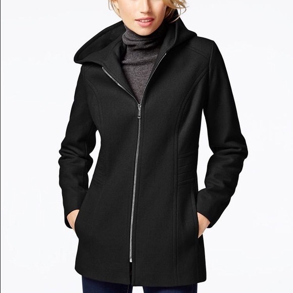 Black London Fog Hooded Zip-Front Coat