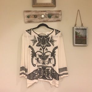 Free People Cream Blouse w Black Stitching