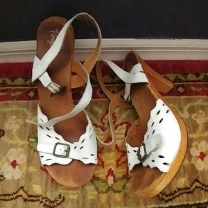 White leather and wood heel sandals