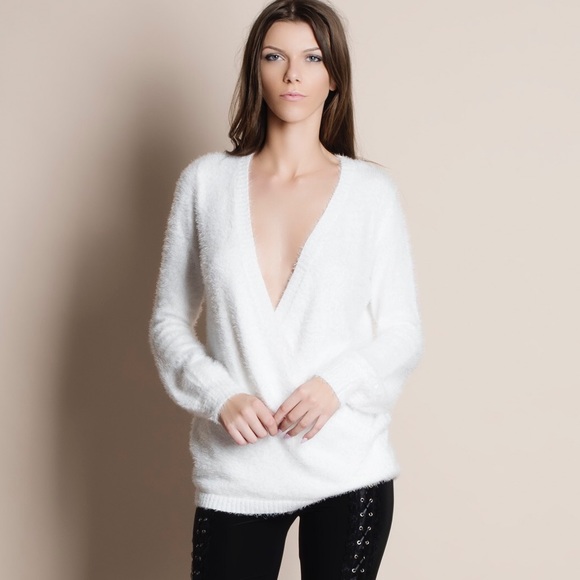 Bare Anthology Sweaters - 1HRSALE Deep Plunge Faux Wrap Fuzzy Sweater