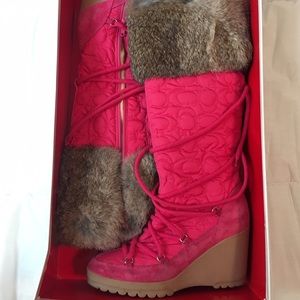 COACH Tall Pink Quilted Wedge Fur Boots
