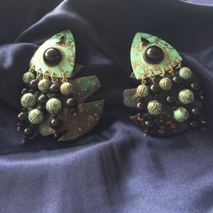 Turquoise black and gold clip on earrings