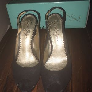 Jessica Simpson black suede metallic sling backs