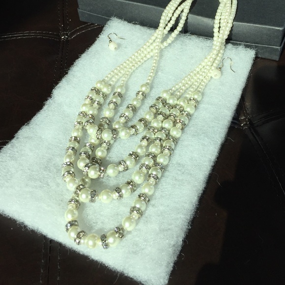 NWT Pearl & Diamond Accent Necklace + Earrings