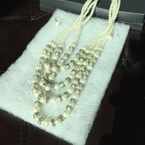 NWT Pearl & Diamond Accent Necklace + Earrings