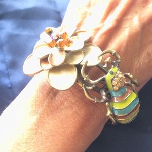 Flower and bee bejeweled enamel metal bracelet