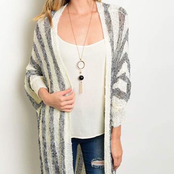 LAST ONE🎈Long Cream Grey Stripe Cardigan Sweater - Picture 2 of 3