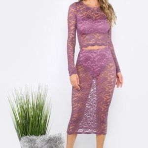 Two piece purple lace long sleeve blouse and skirt