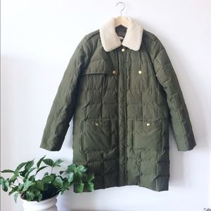JCrew Long Down Coat, Shearling Collar, Olive, M