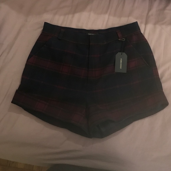 Maroon blue plaid wool shorts