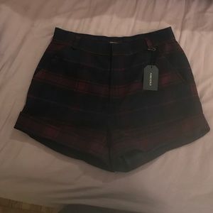 Maroon blue plaid wool shorts