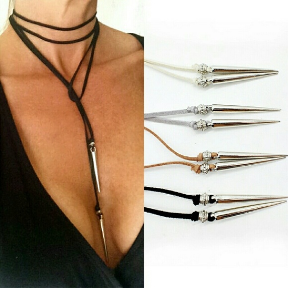 Long Vegan Leather Wrap Choker w Spikes - Picture 2 of 4