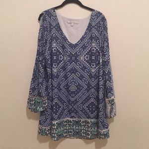 Blue and green floral print long sleeve dress