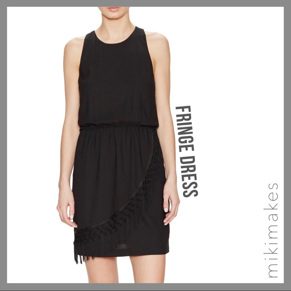 [ fifth city ] black fringe faux wrap dress