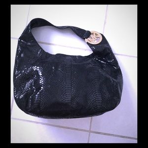Michael Kors black snakeskin with gold MK satchel