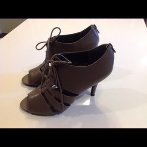 Taupe open toe bootie with zipper back