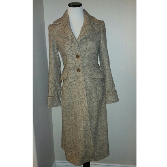 Coach Wool Coat Silk Lined Tweed Leather Trim