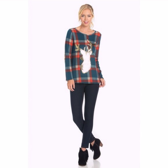 🎀 1 SM LEFT🎀 Sequin Deer Top w/ Elbow Patches - Picture 2 of 4