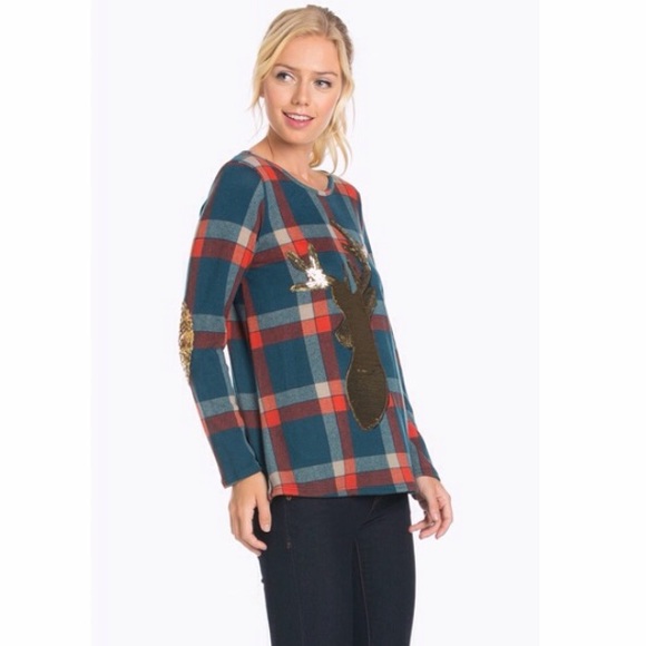 🎀 1 SM LEFT🎀 Sequin Deer Top w/ Elbow Patches - Picture 3 of 4