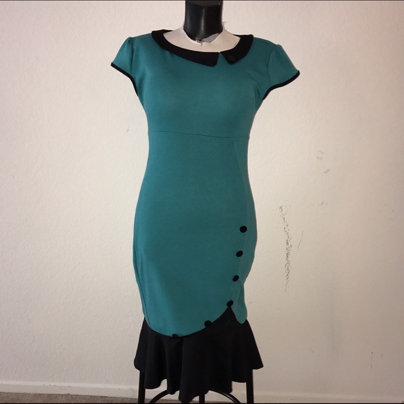 Vintage style teal and black knit dress