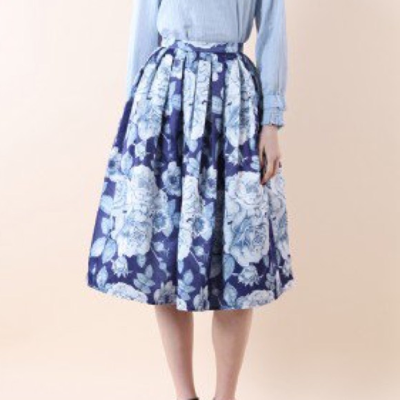 Dark Blue Floral Midi Skirt