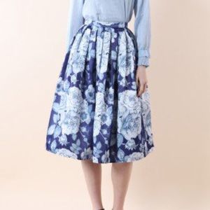 Dark Blue Floral Midi Skirt