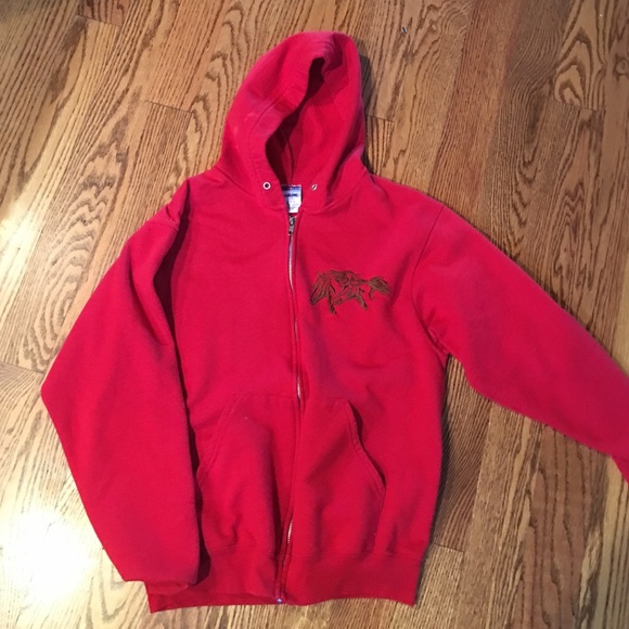 Red hooded sweatshirt jacket cowgirl