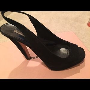 Miu Miu black suede sling back heels, peep toe.