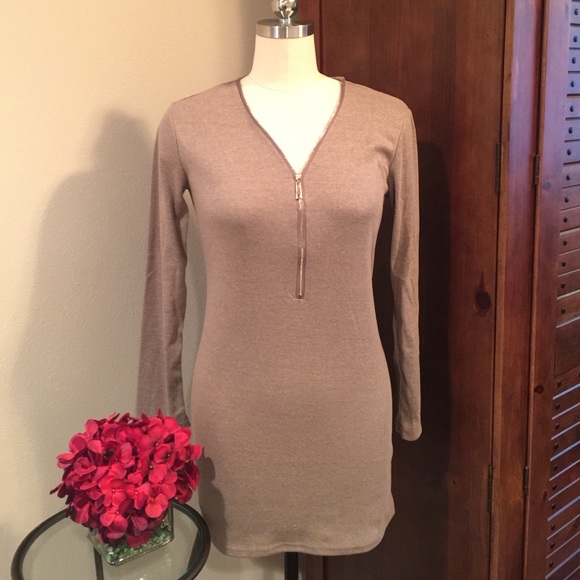 CLEARANCE👠LIGHT COFFEE ZIP FITTED MINI DRESS - Picture 3 of 4