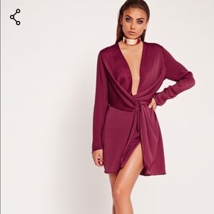 Burgundy plunge satin wrap dress