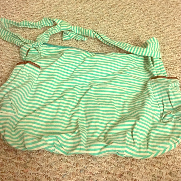 White and blue striped bag