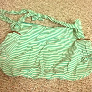 White and blue striped bag