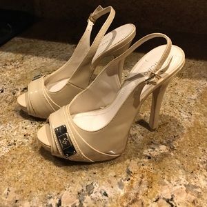 BCBG cream color size 5 open toe pumps