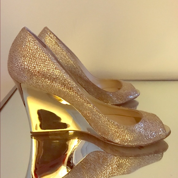 Jimmy Choo Baxen Glitter Peep-Toe Wedge Pump, Gold