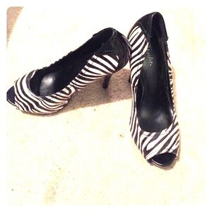 Zebra striped peep toe stilettos worn twice